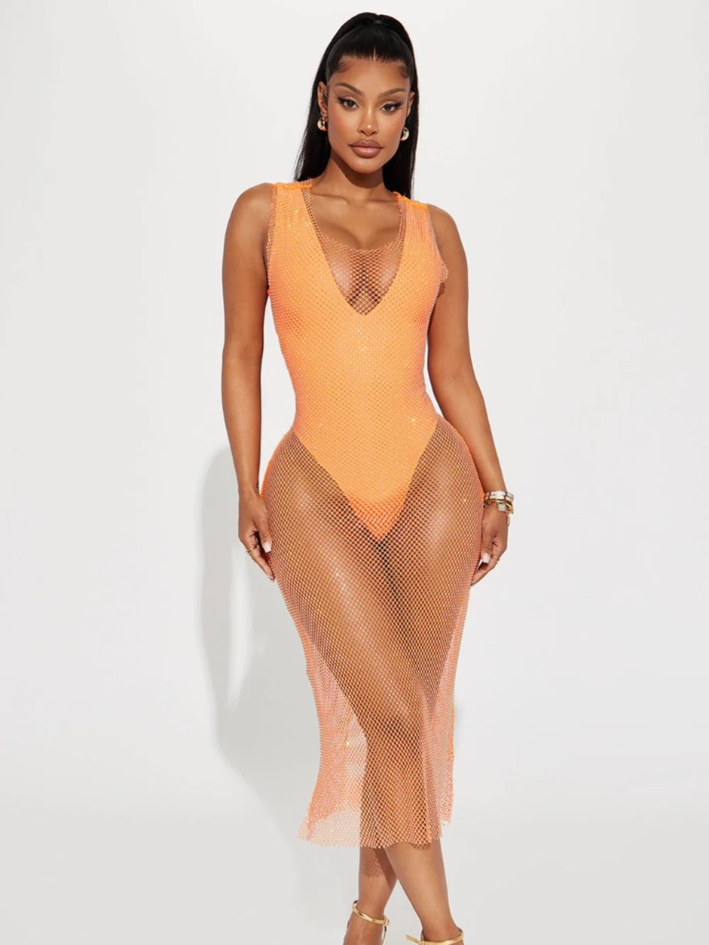 NWT Fashion Nova Showstopper Tonight Embellished Midi Dress - Neon Orange